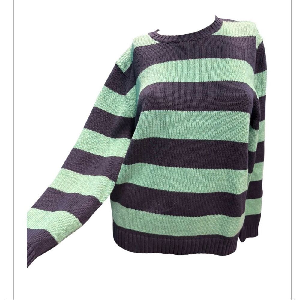 Lands End Classic Striped Crew Neck Sweater Women’s Size Medium Green and Navy B - Picture 3 of 11
